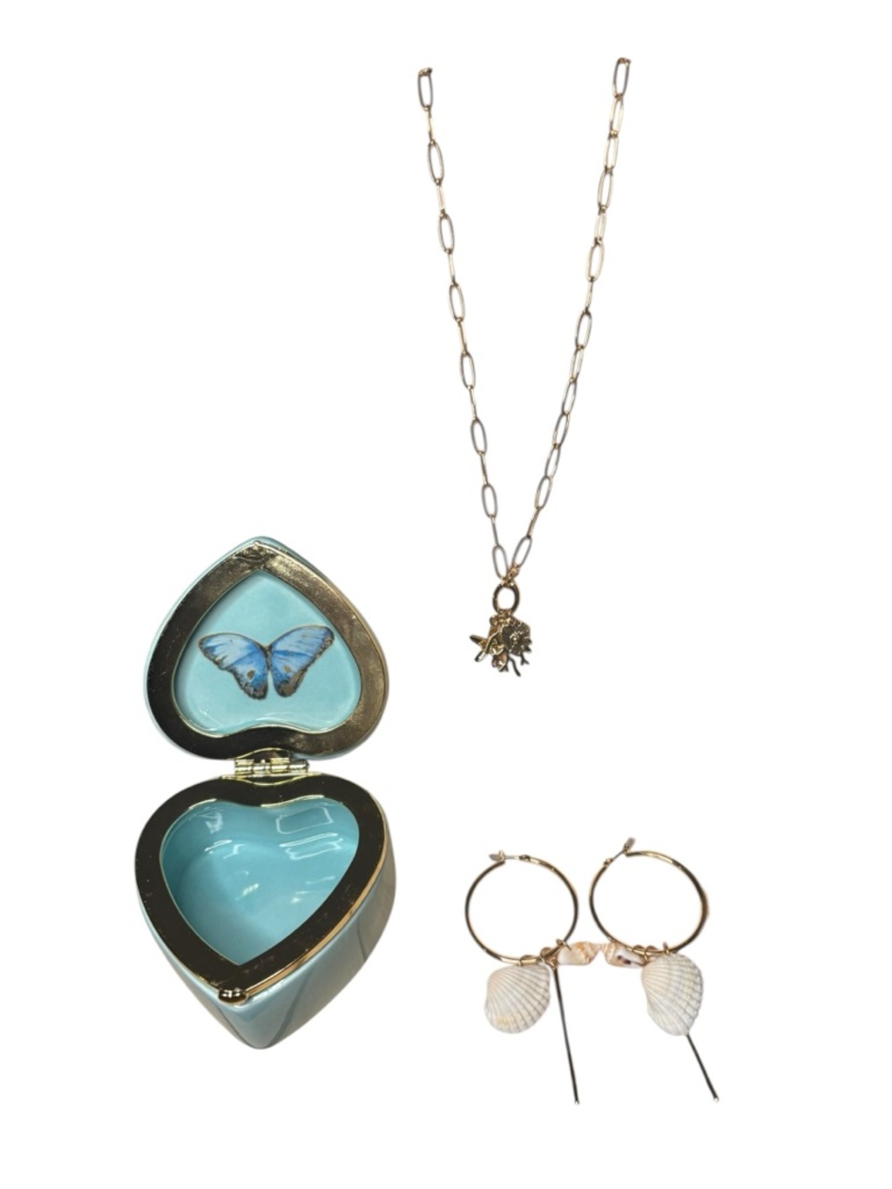 Jewelry Bundle Gold Tone Shell Earrings, Charm Necklace, Butterfly Trinket Box